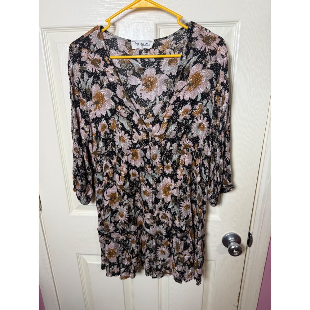Impressions Floral V-Neck Button Front Tiered Mini Dress Black Pink Tan M